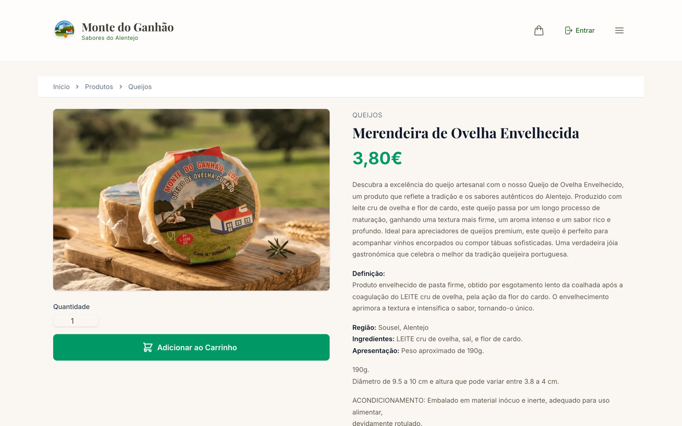 Página de produto com ficha técnica e informação nutricional completa