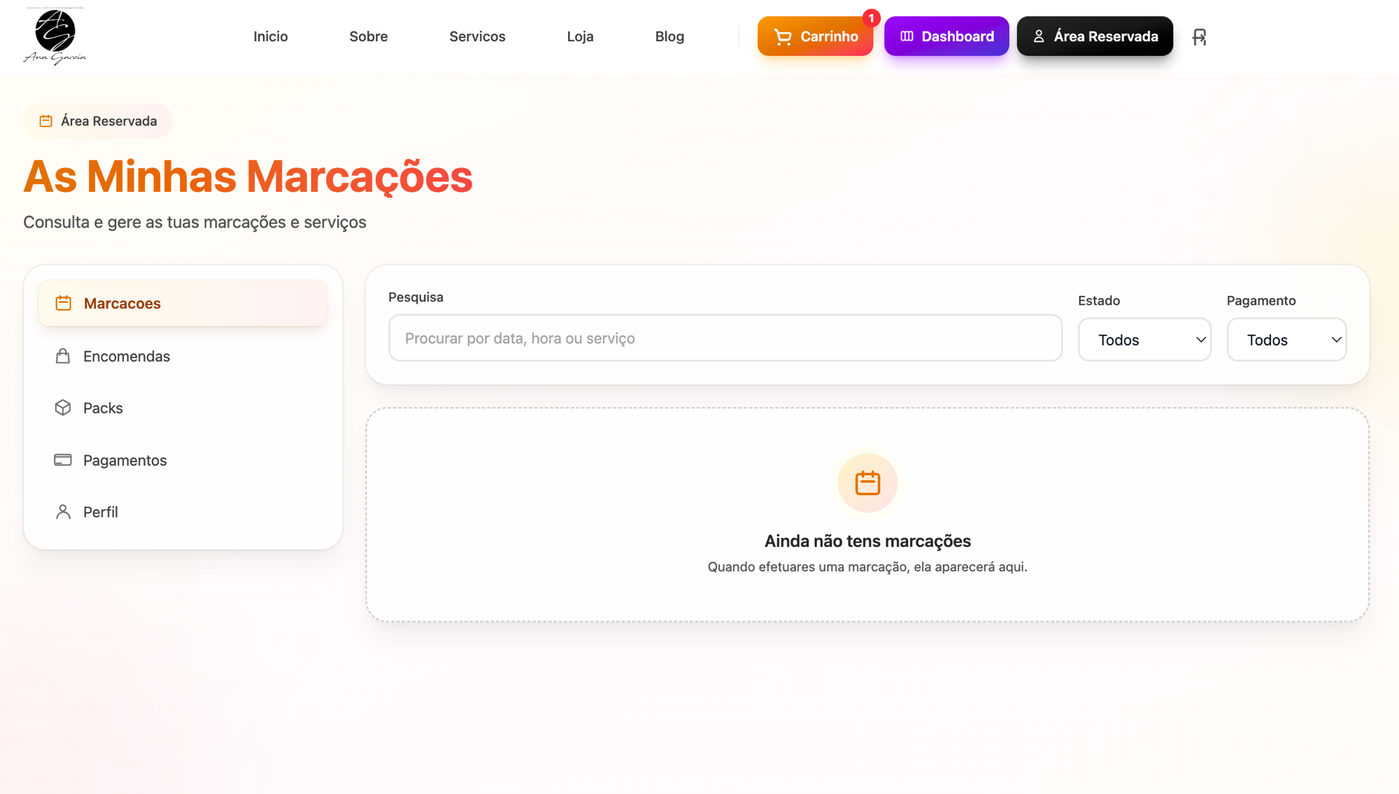 Área reservada da cliente no Agenda Cheia