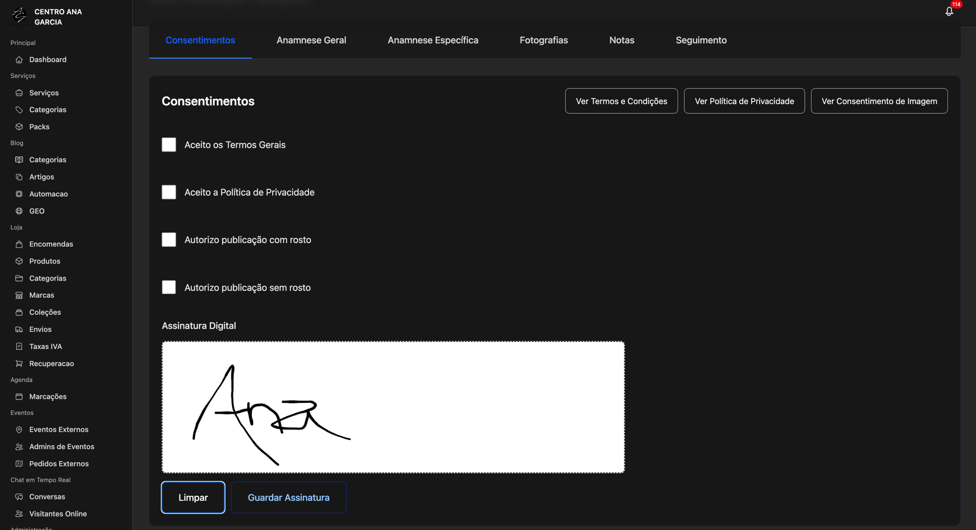 Ficha clínica digital com consentimento e anamnese no Agenda Cheia