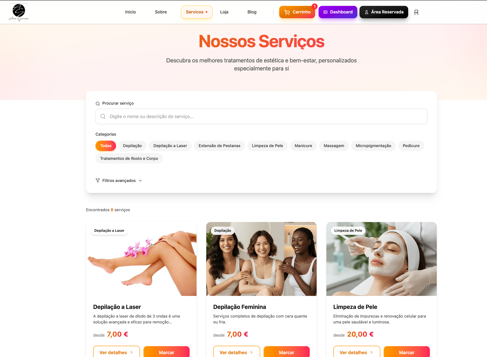Catálogo de serviços com variantes e preços no Agenda Cheia
