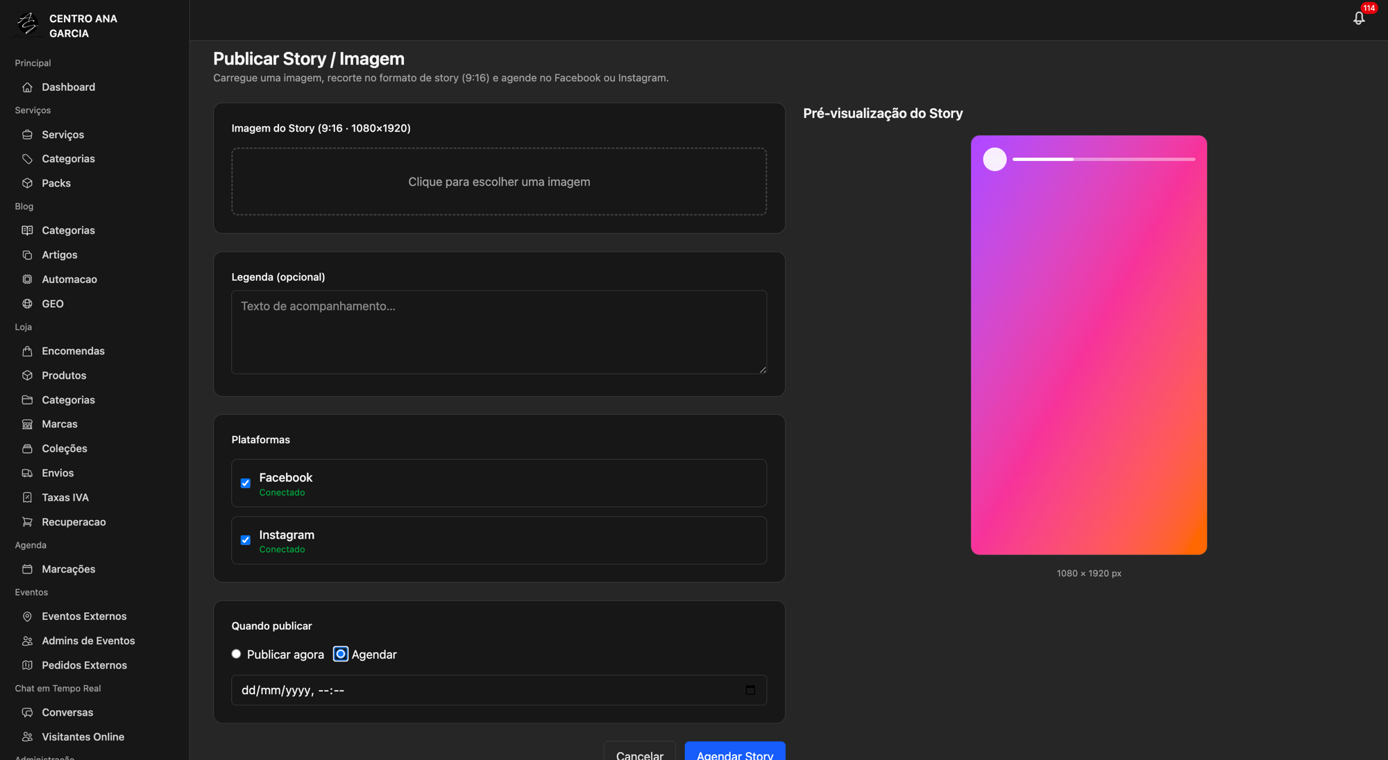 Geração automática de stories para redes sociais no Agenda Cheia